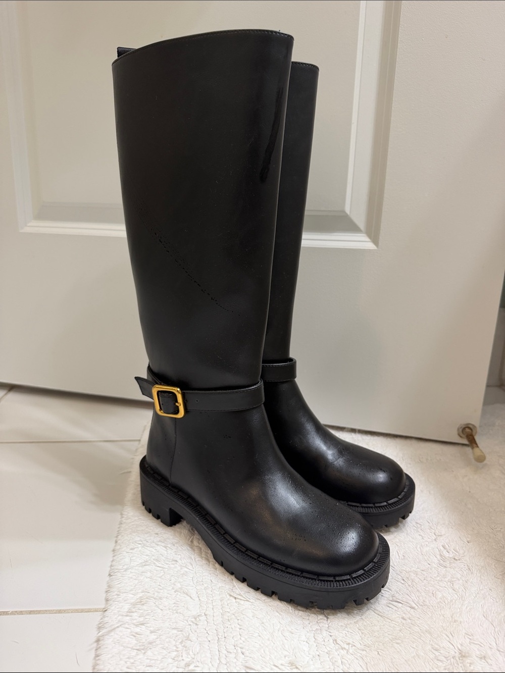 Zara Black Knee-High Buckle Combat Boots